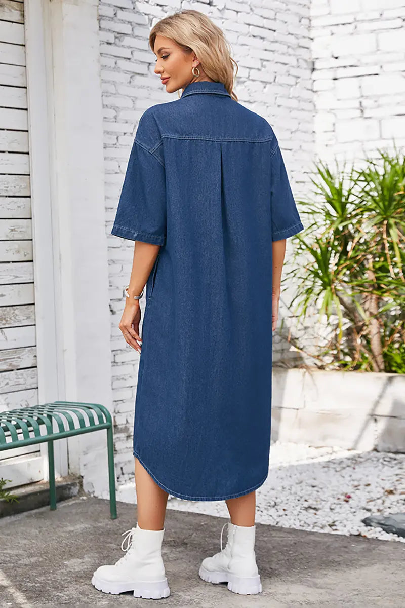 Gewassen casual denim maxi-jurk met korte mouwen