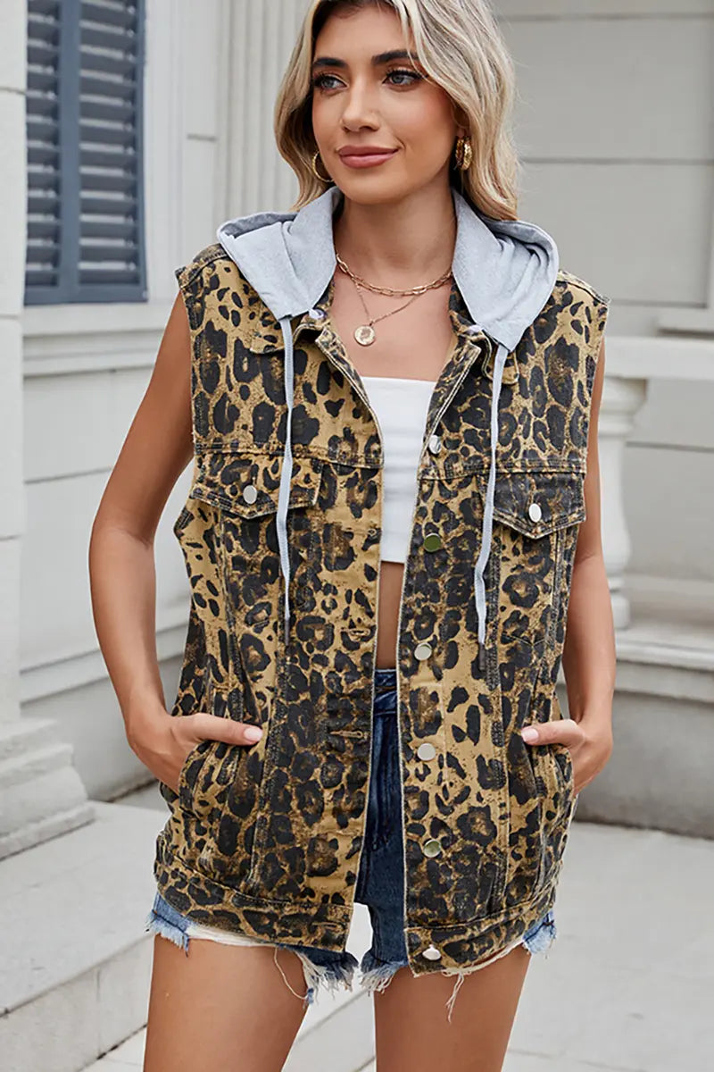 Fashionable Leopard Print Hooded Vest Top