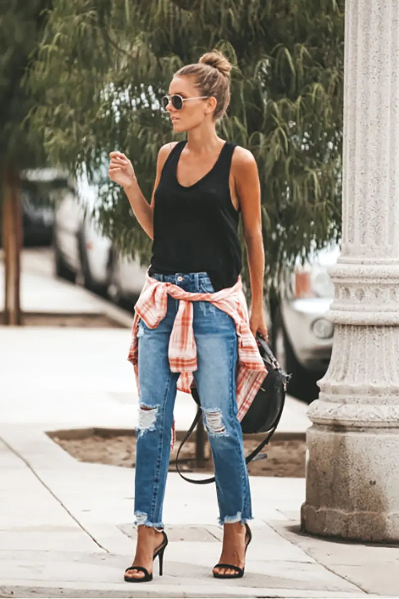 Trendy versleten denim casual broek