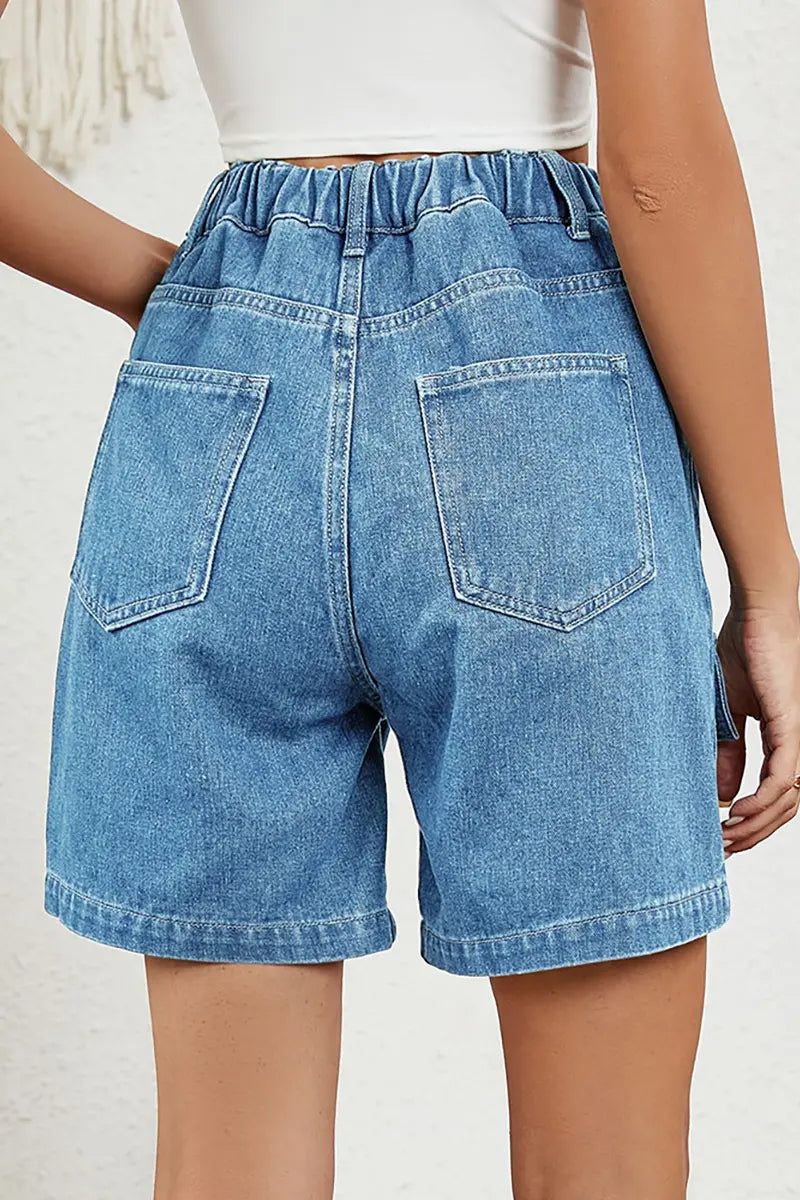 Gewassen elastische utility denim shorts