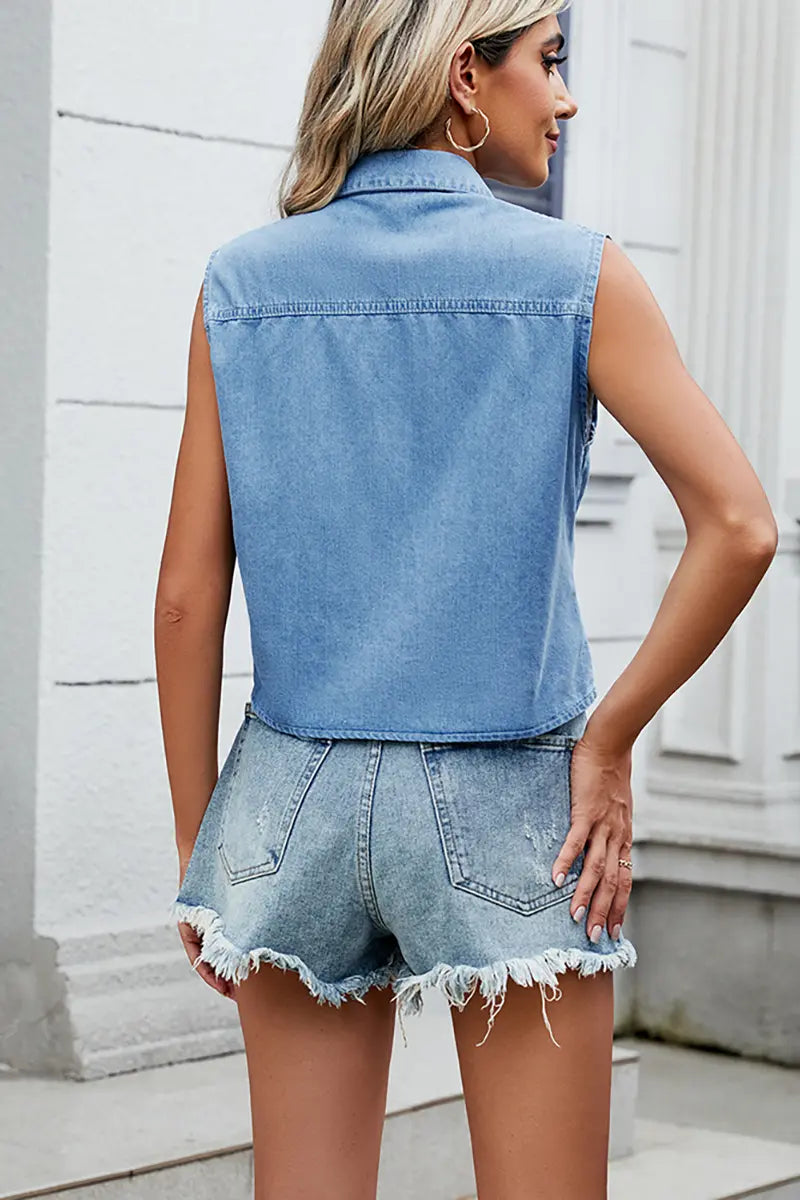 Gewassen denim overhemd met strik aan de voorkant