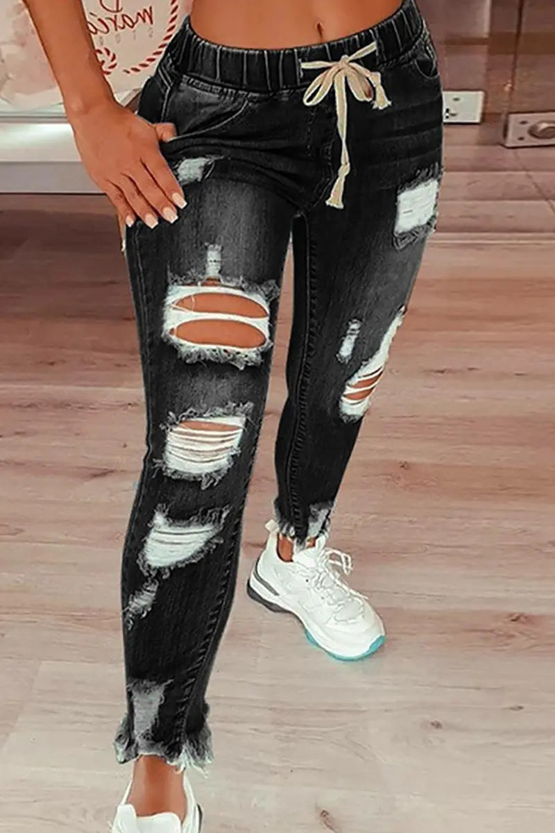 Drawstring Distressed Relaxed-Fit Street Denim Pants