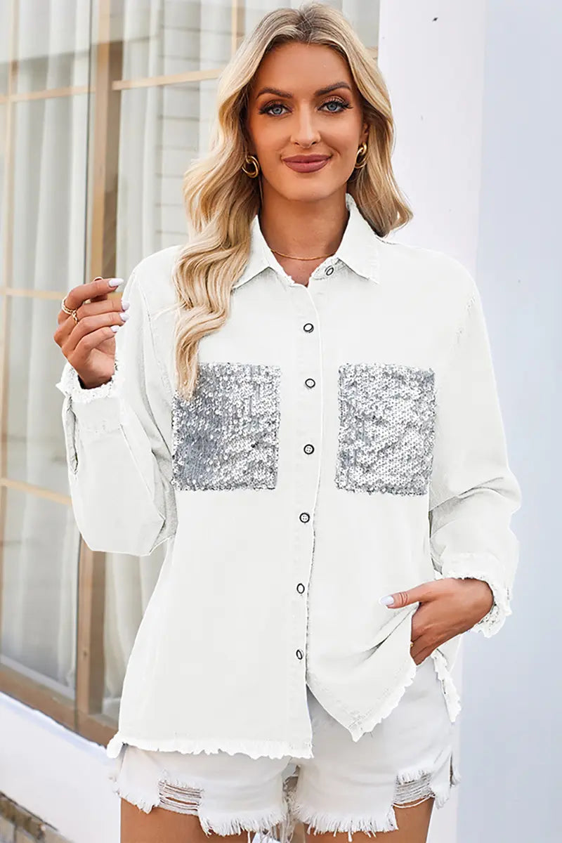 Loose Frayed Denim Shirt with Sequin Pocket