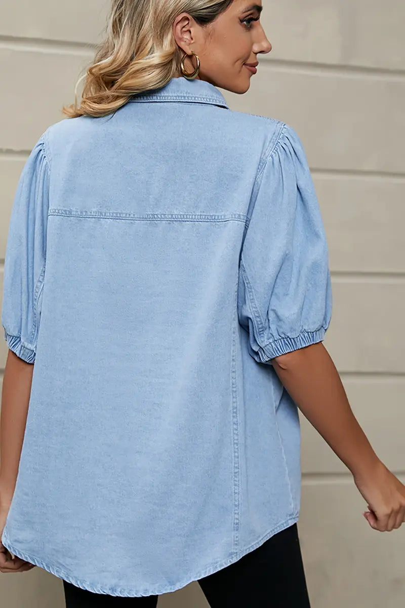 Elastic Princess-Sleeve Denim Top