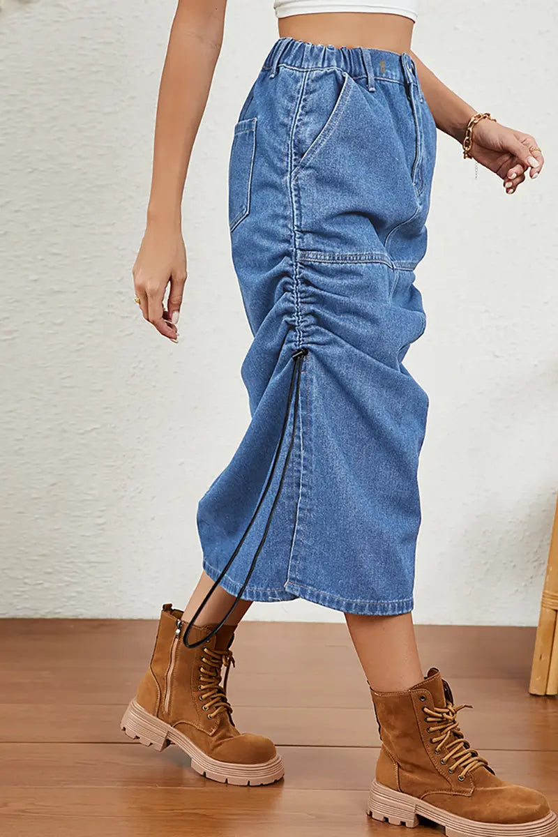 Ontspannen denim midi-rok met trekkoord