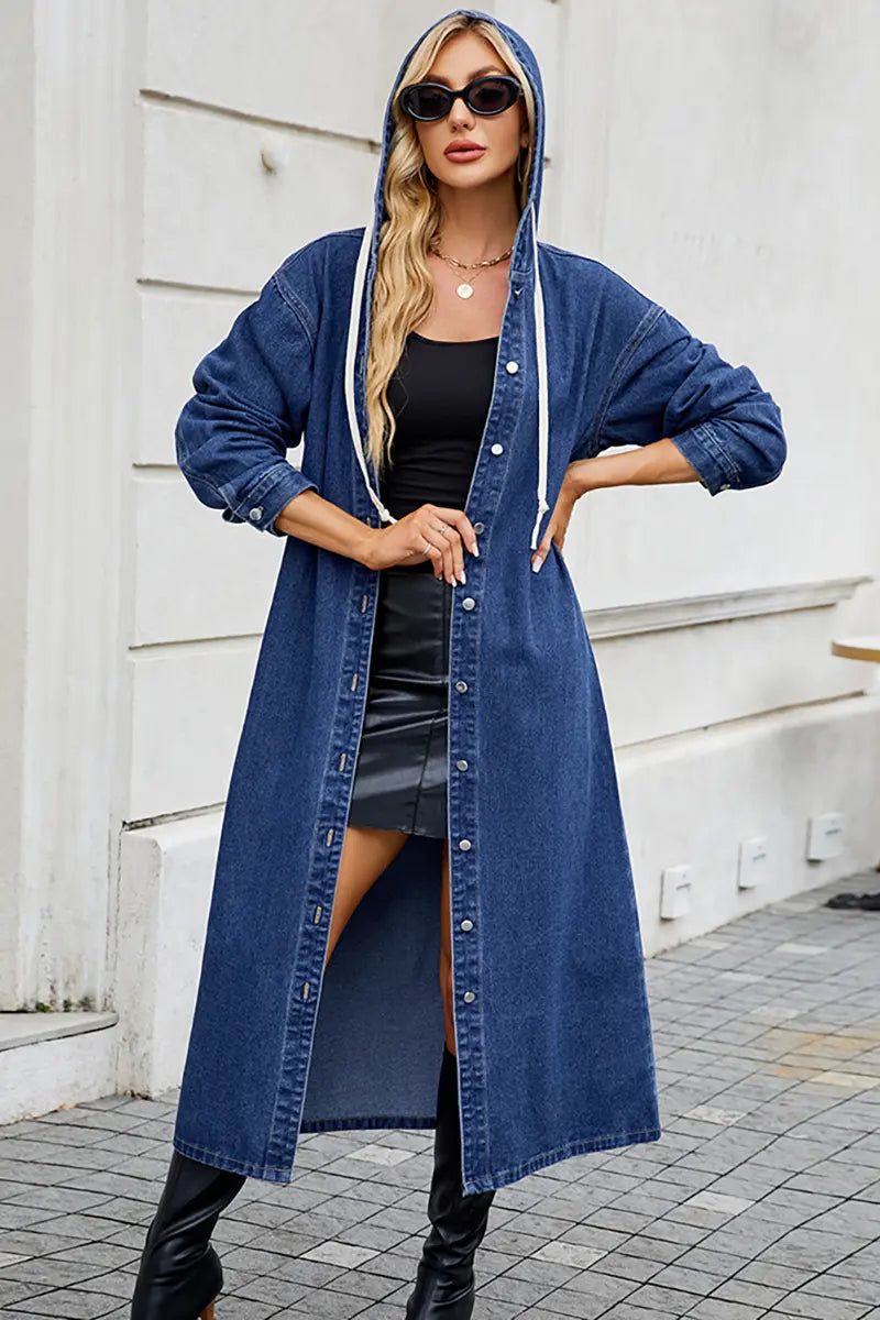 Hooded Long Denim Trench Coat