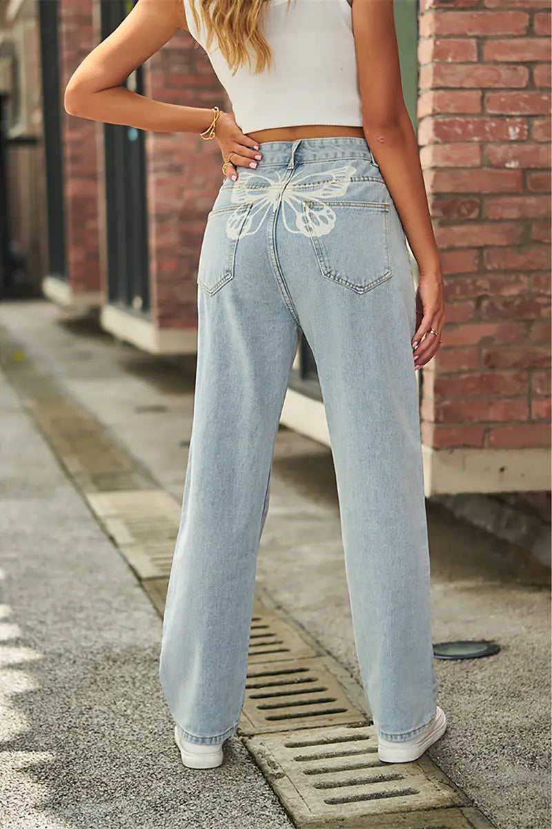 Light Wash Mid-Waist Butterfly Print Jeans