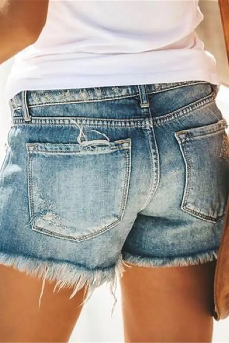 High-Waist Fringed Ripped Denim Shorts