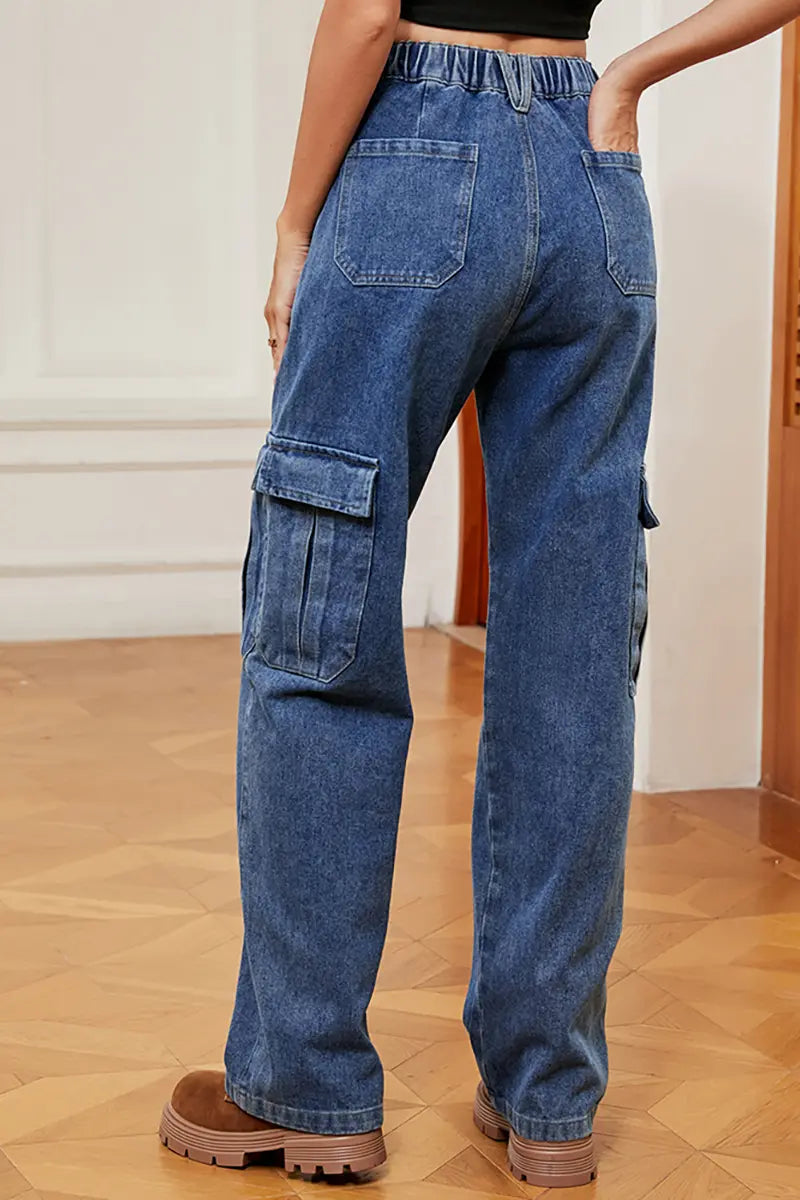 American Style Elastic-Waist Denim Cargo Pants