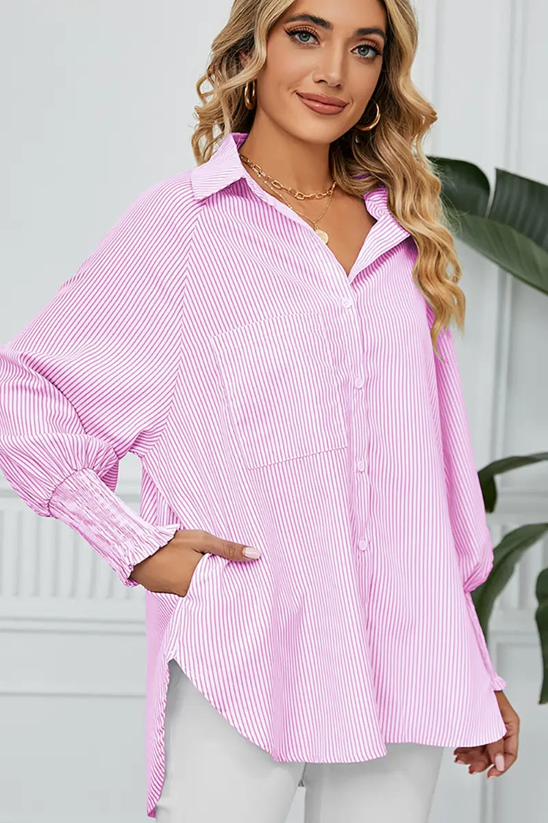 Loose-Fit Pleated Cuff Striped Shirt