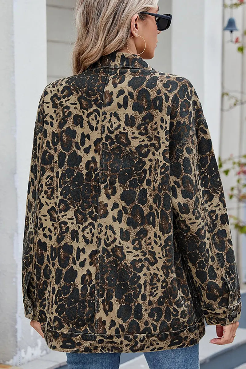 Lente Loszittend Denim Jack met Luipaardprint