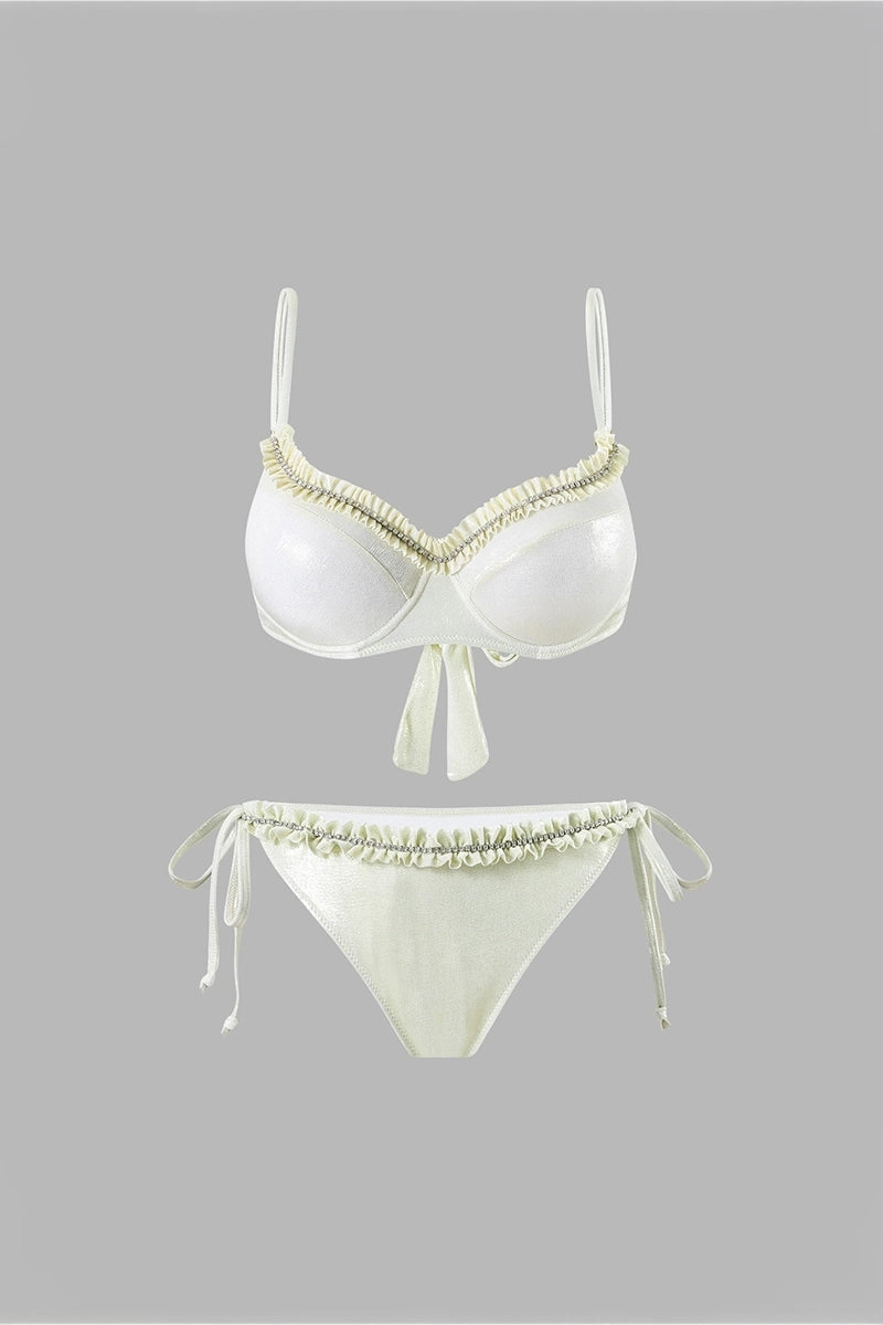 Gerimpelde strikkoord glanzende witte bikini set