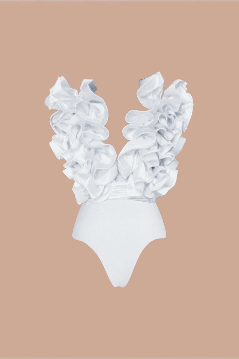 Witte V-hals badpak met ruches