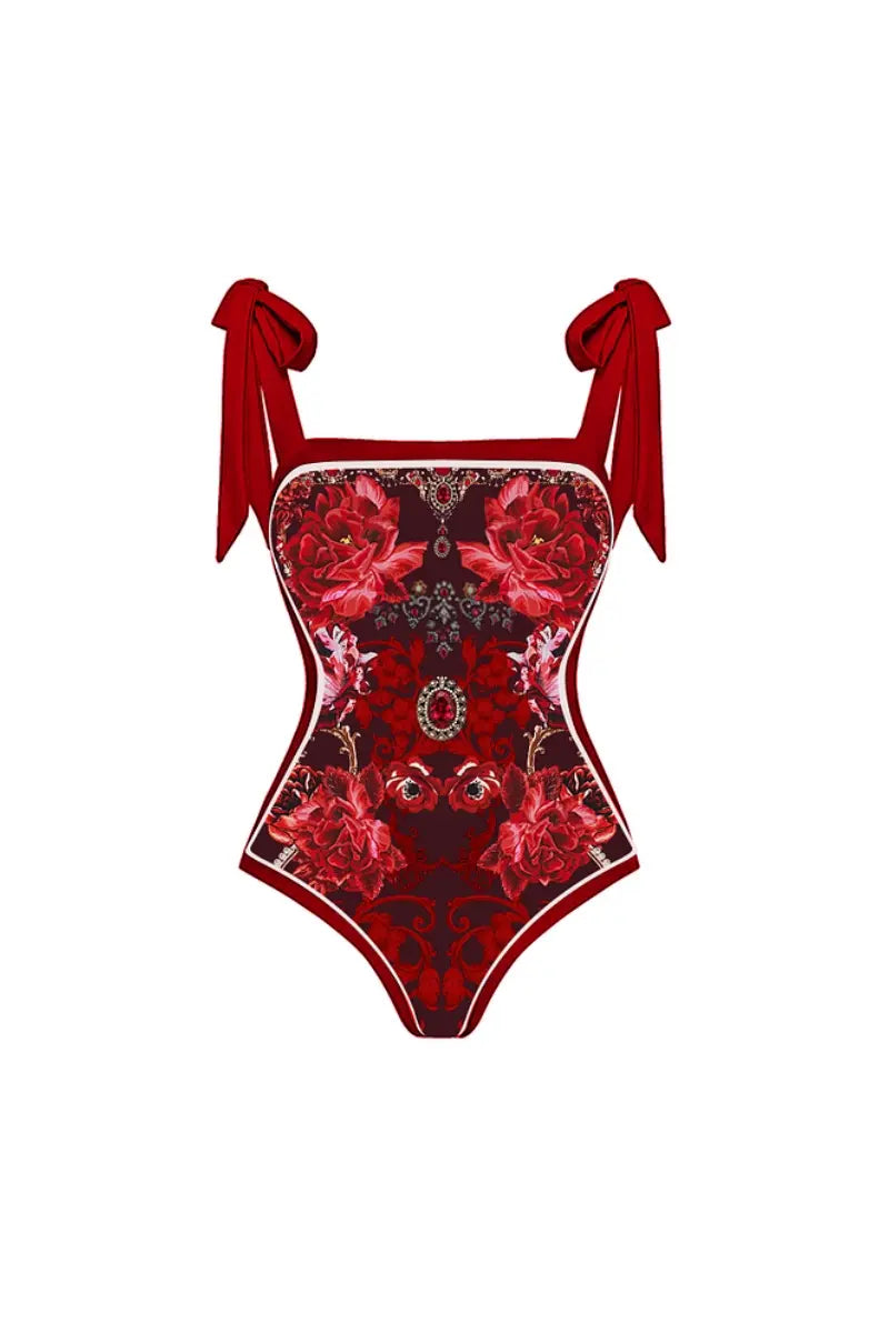 Red Floral Bow Tie Swimsuit Set