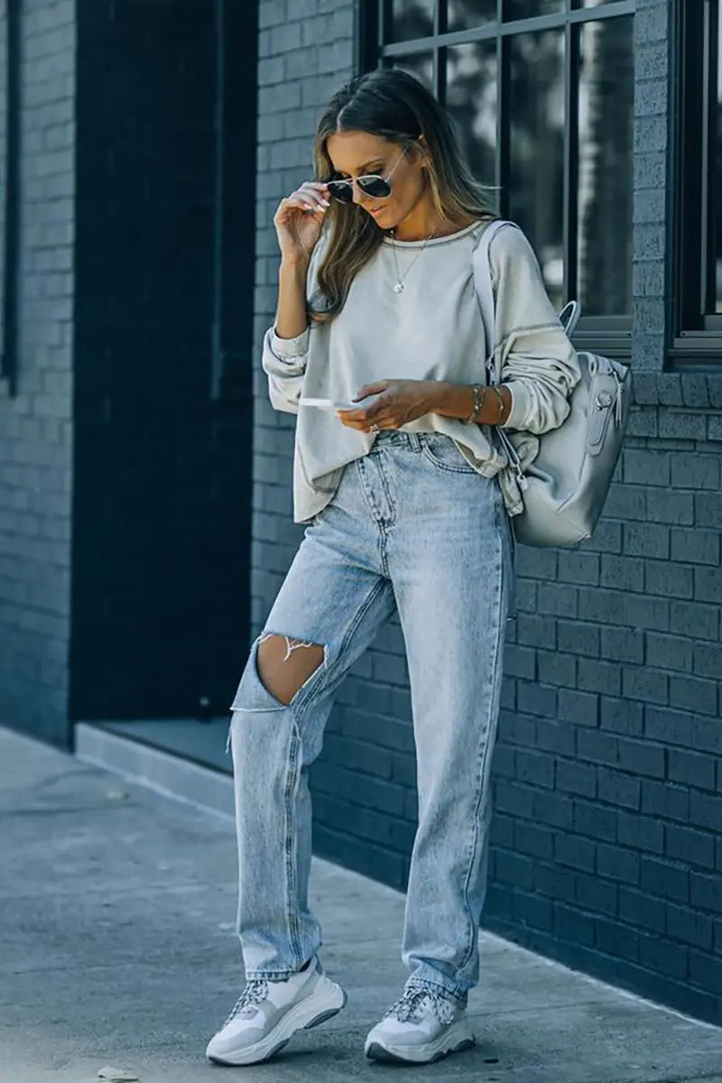 Trendy asymmetrische distressed spijkerbroek