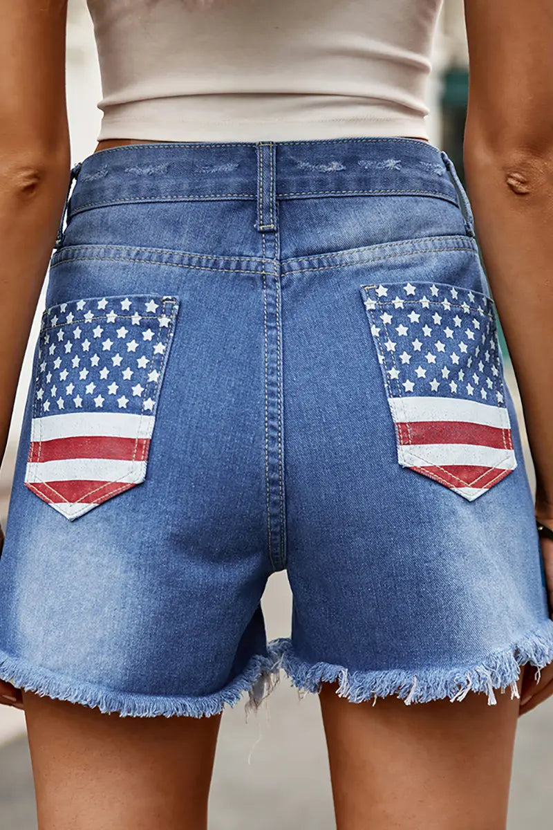 Flag Print Distressed Button-Up Denim Shorts