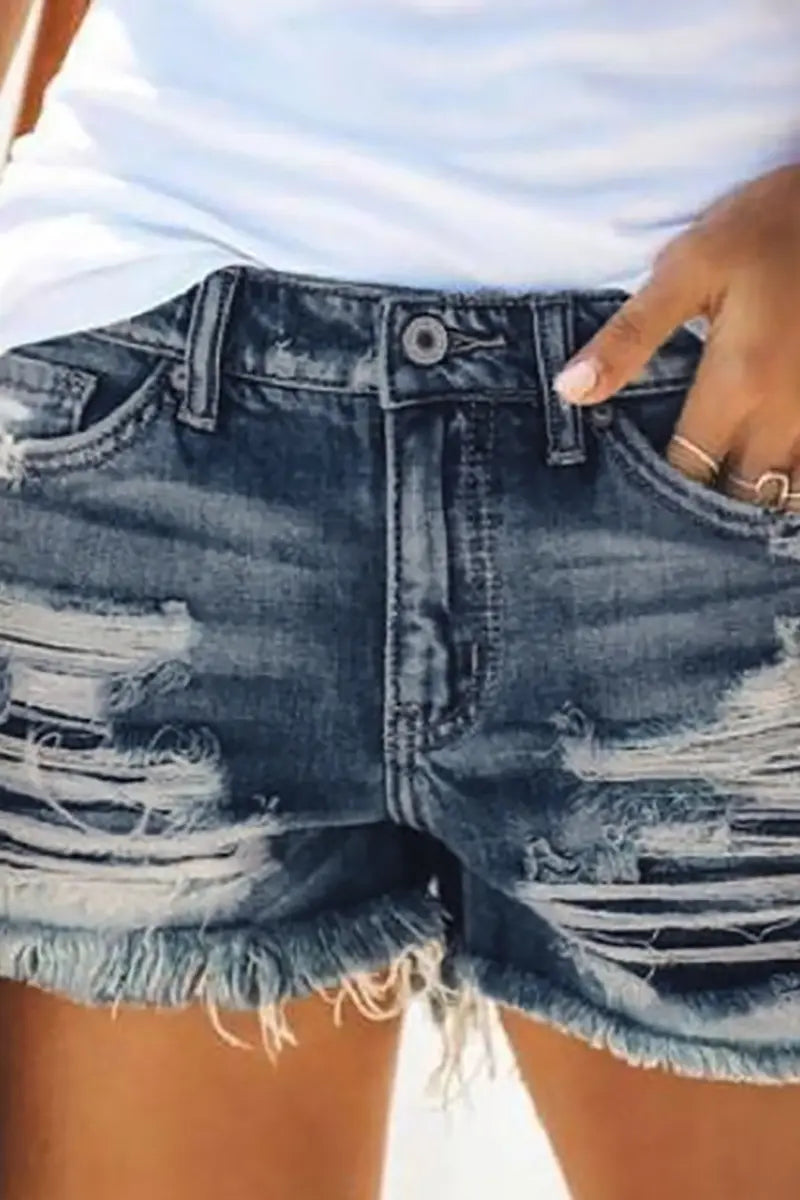 High-Waist Fringed Ripped Denim Shorts