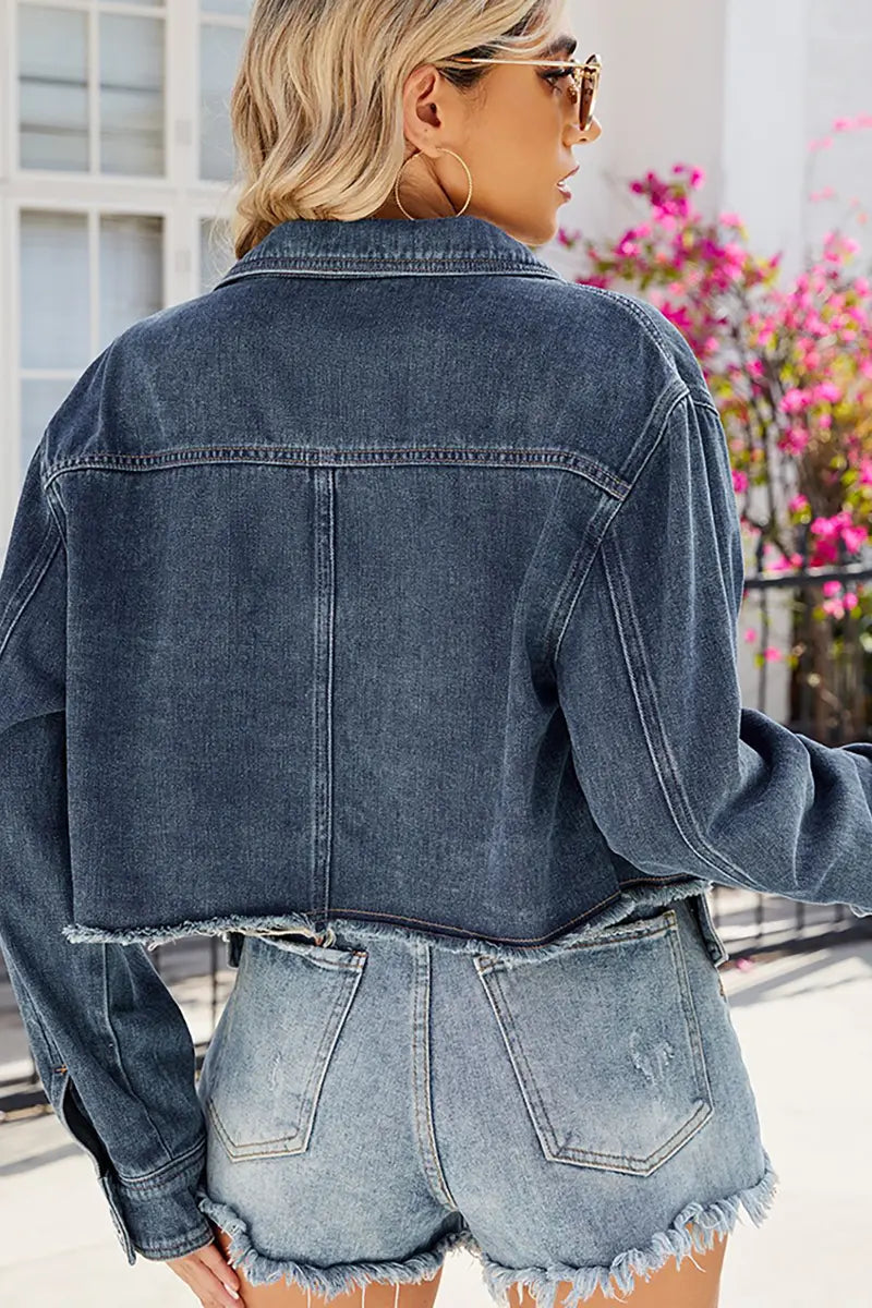 Frayed Hem Cropped Casual Denim Jacket