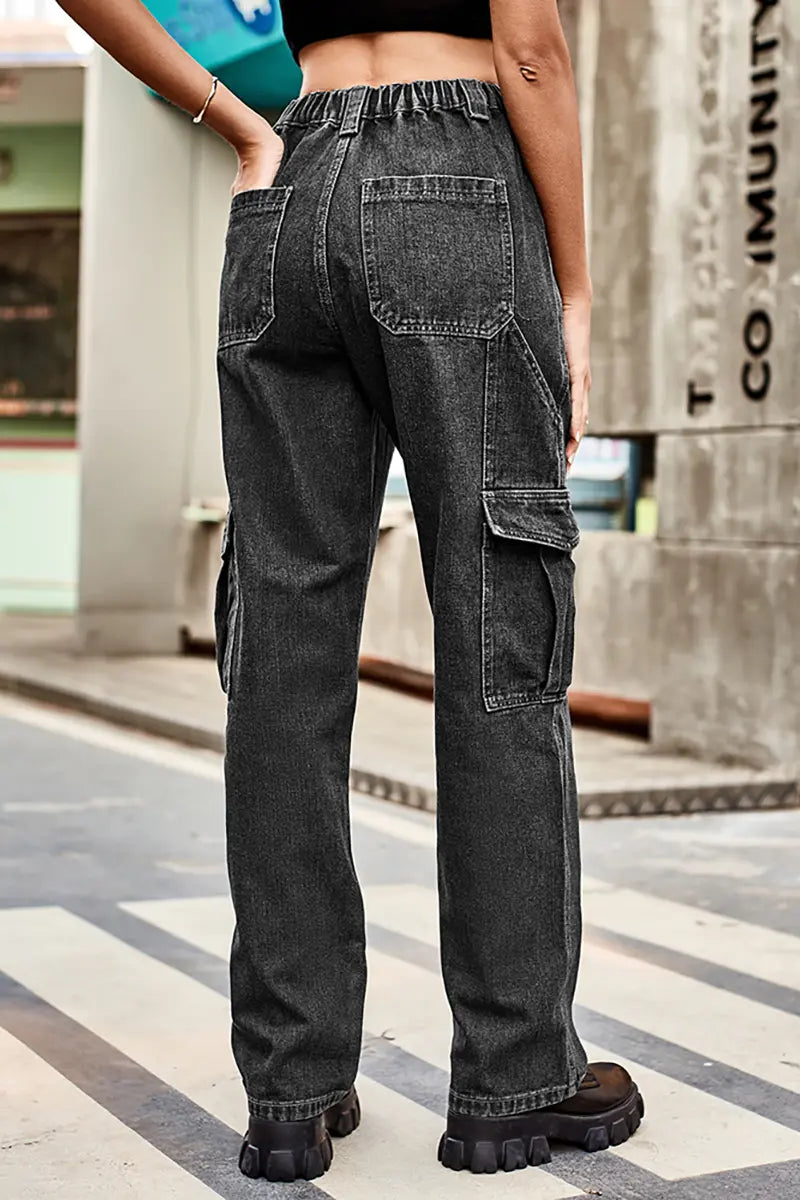 Retro Wash Elastic Waist Denim Utility Pants