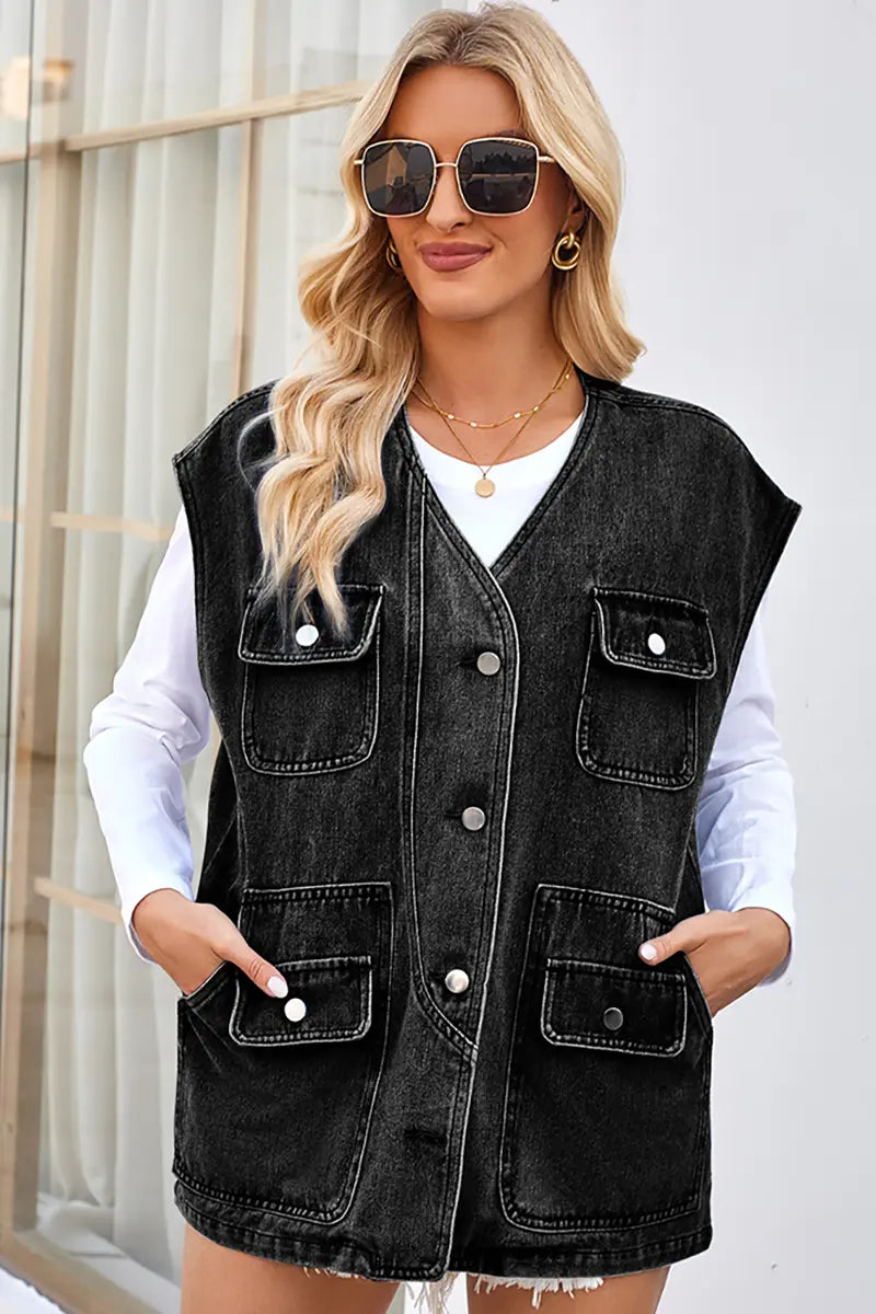 Trendy gewassen denimvest met meerdere zakken