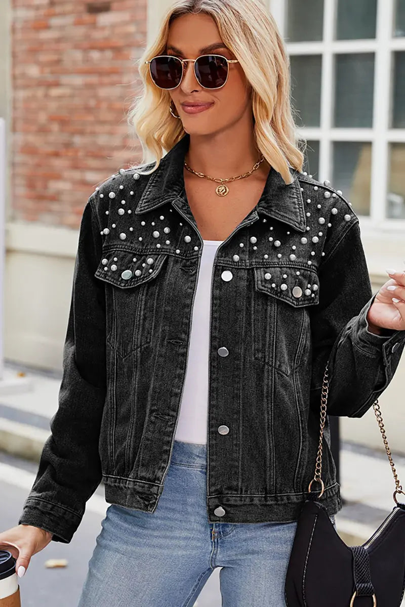 Slim-Fit Denimjack met Parel-Schouders