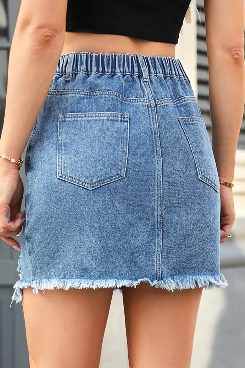 Frayed Hem Washed Denim Skirt
