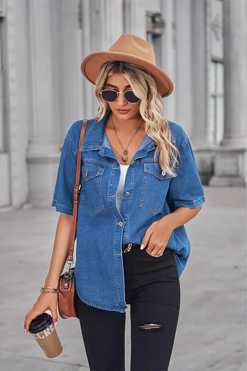 Zacht gewassen denim korte mouw cardigan