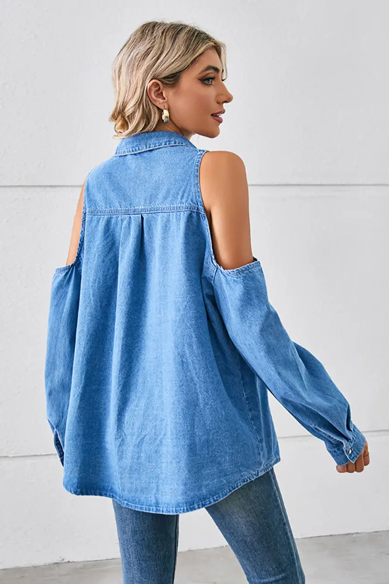 Gewassen schouder met uitsnijding en veter denim overhemd