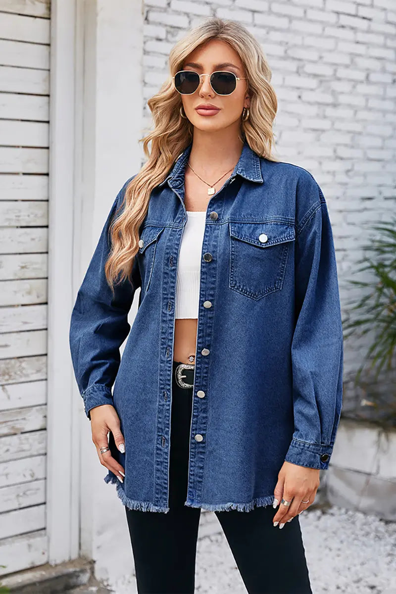 Frayed Hem Washed Denim Shirt
