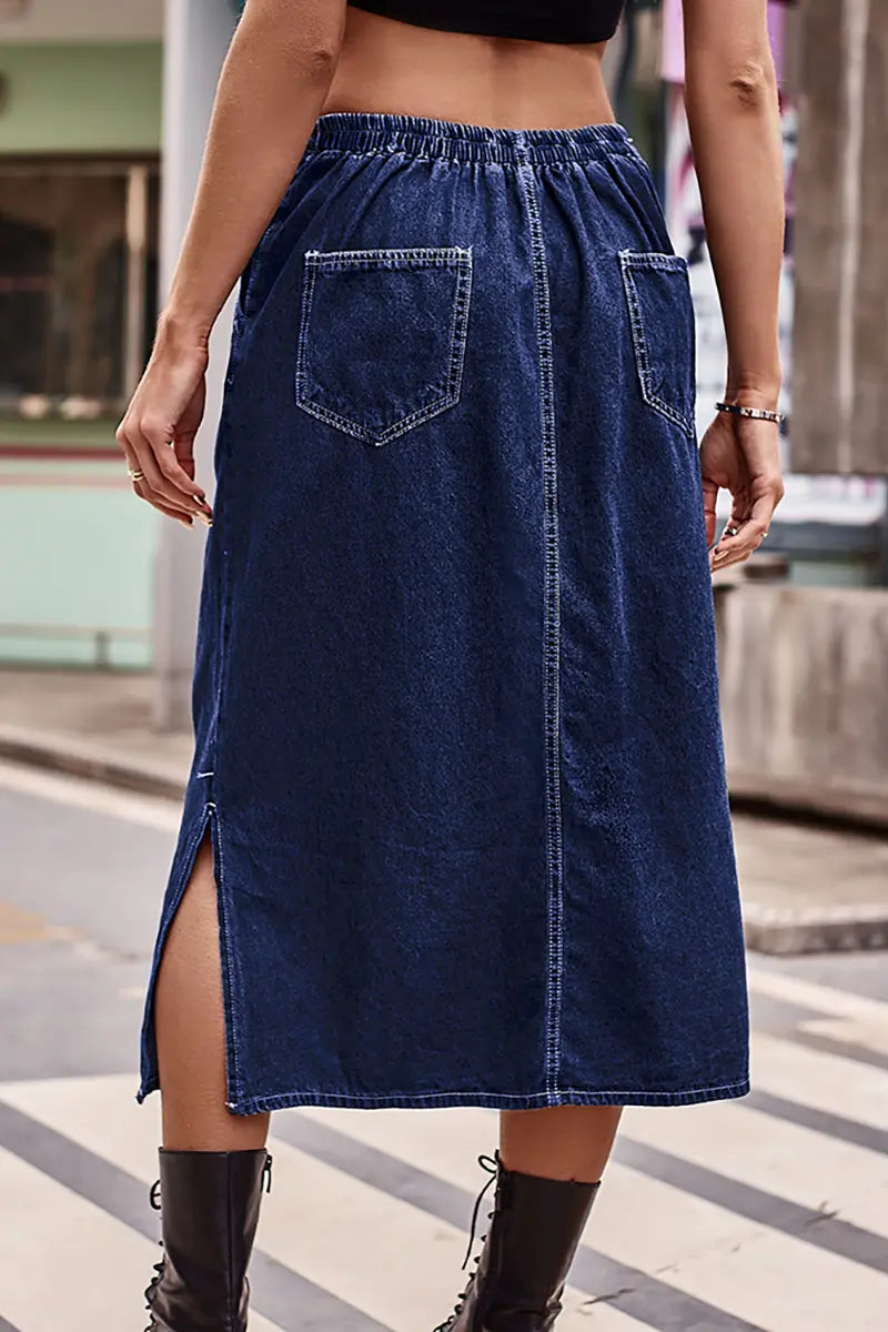 Drawstring Waist Denim Midi Skirt
