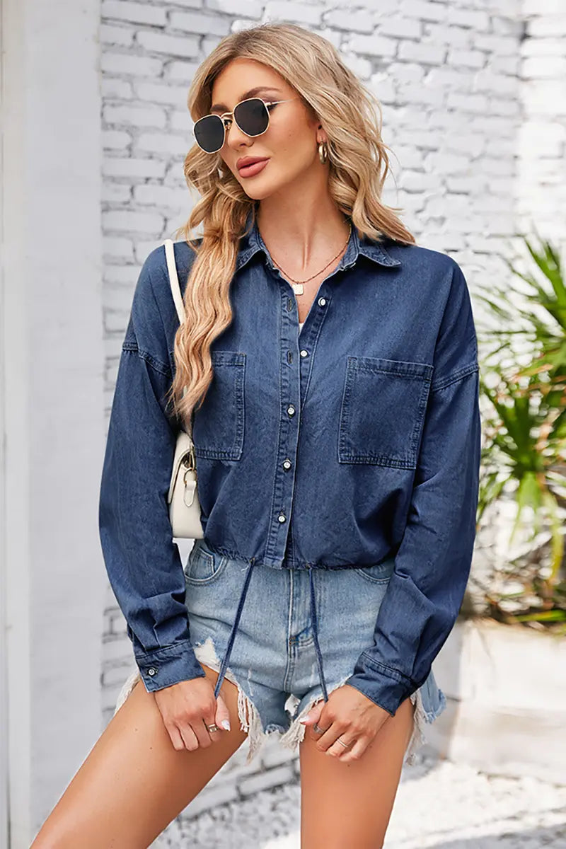 Lente Taillekoord Gewassen Denim Overhemd