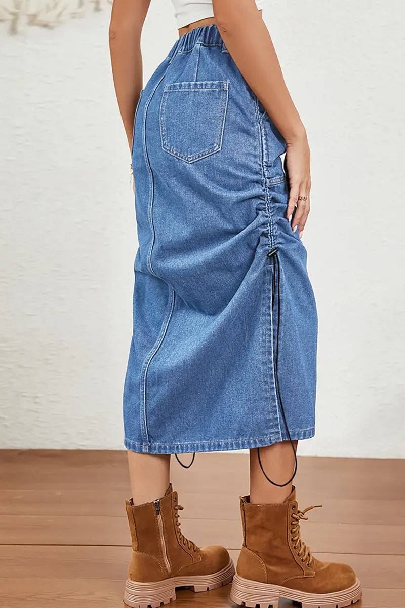 Ontspannen denim midi-rok met trekkoord