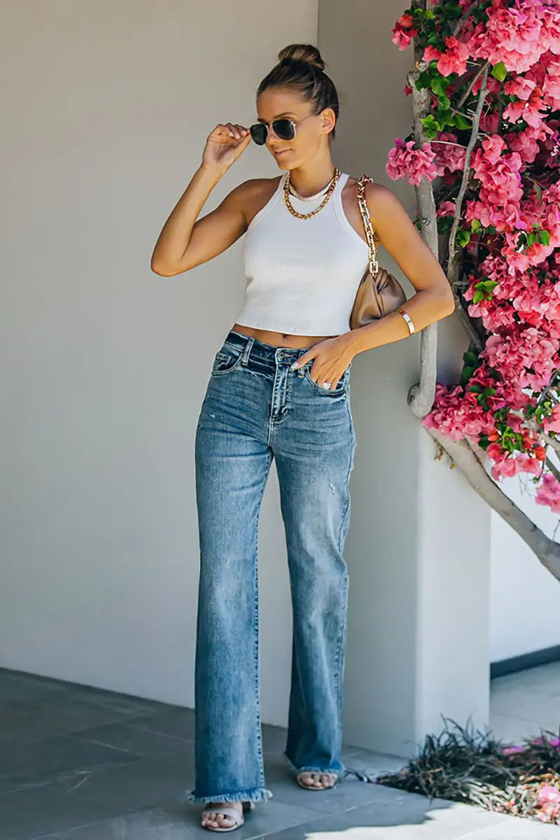 Frayed Washed Mid-Rise Slim Jeans