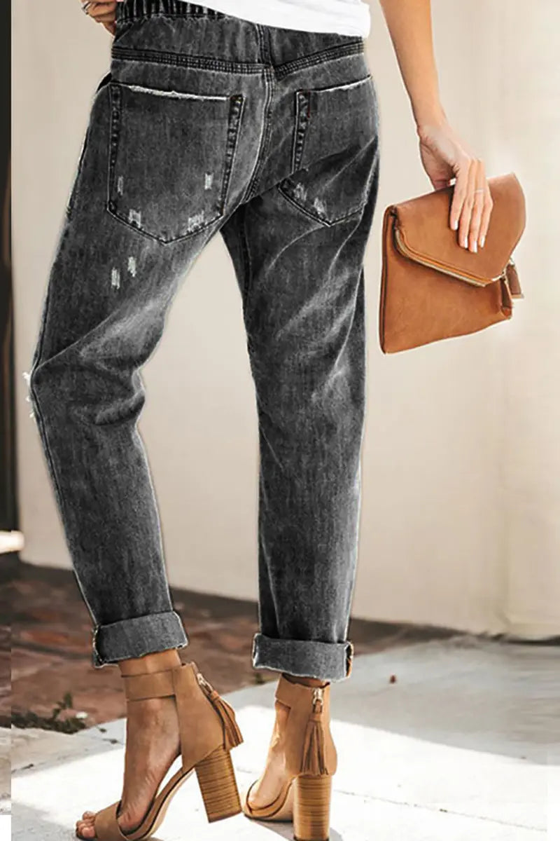 Autumn Drawstring Ripped Denim Pants