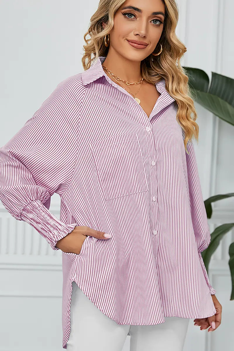 Loose-Fit Pleated Cuff Striped Shirt