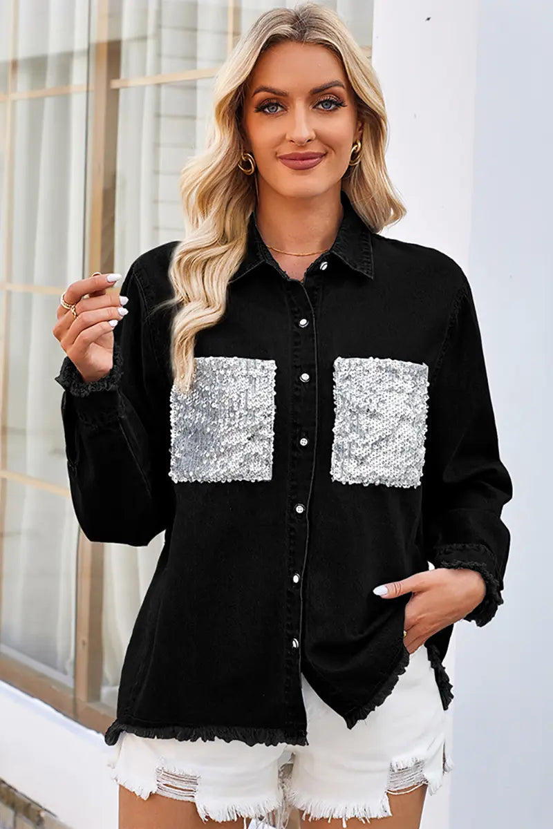 Loose Frayed Denim Shirt with Sequin Pocket