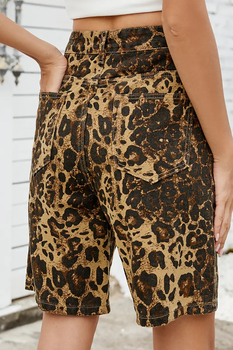 Vintage luipaardprint slankmakende denim shorts