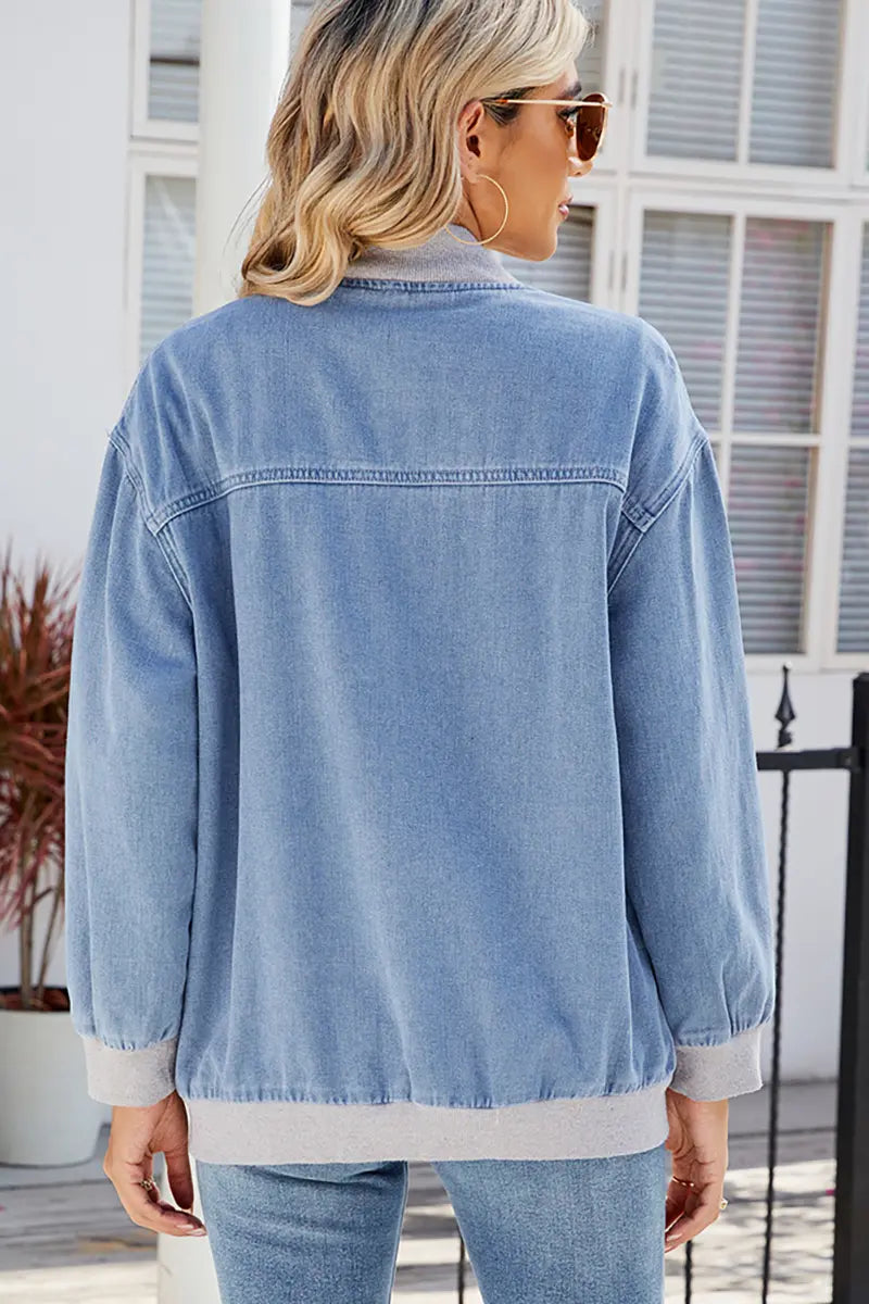 Trendy denim baseballjack met ritssluiting