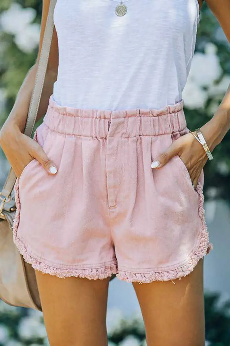 Frayed Lace Denim Elastic Waist Shorts