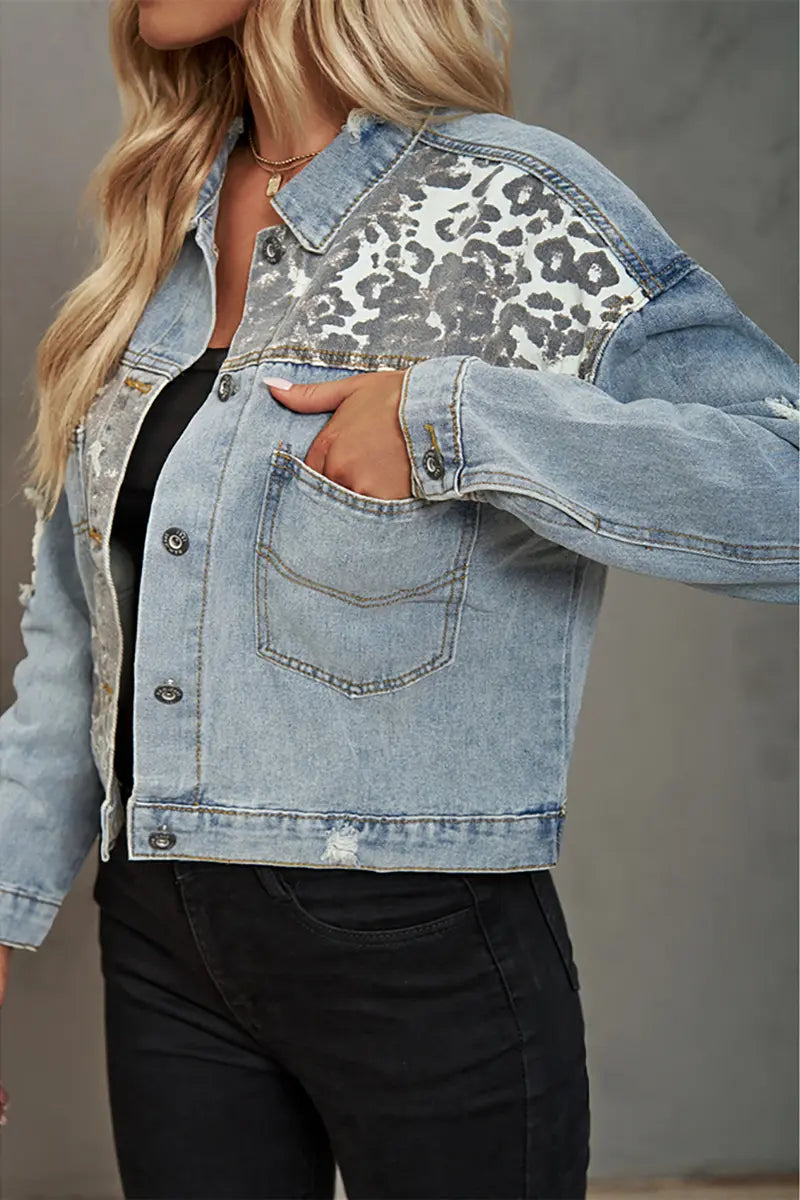 Leopard Print Denim Patchwork Jacket