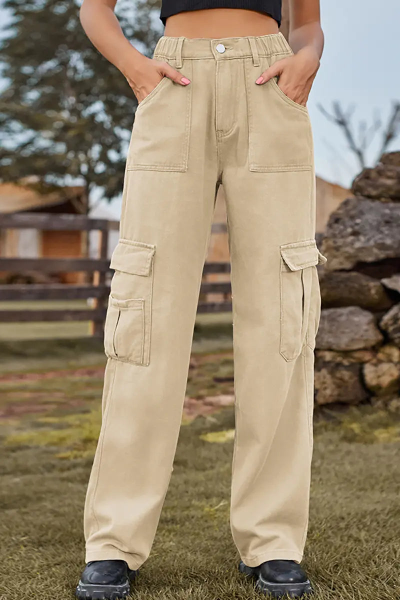 American Style Elastic-Waist Denim Cargo Pants