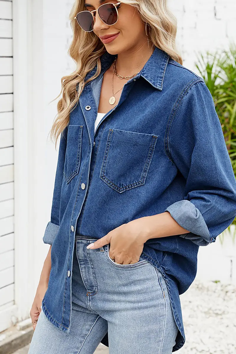 Relaxte pasvorm spijkerblouse met lange mouwen en drukknopen