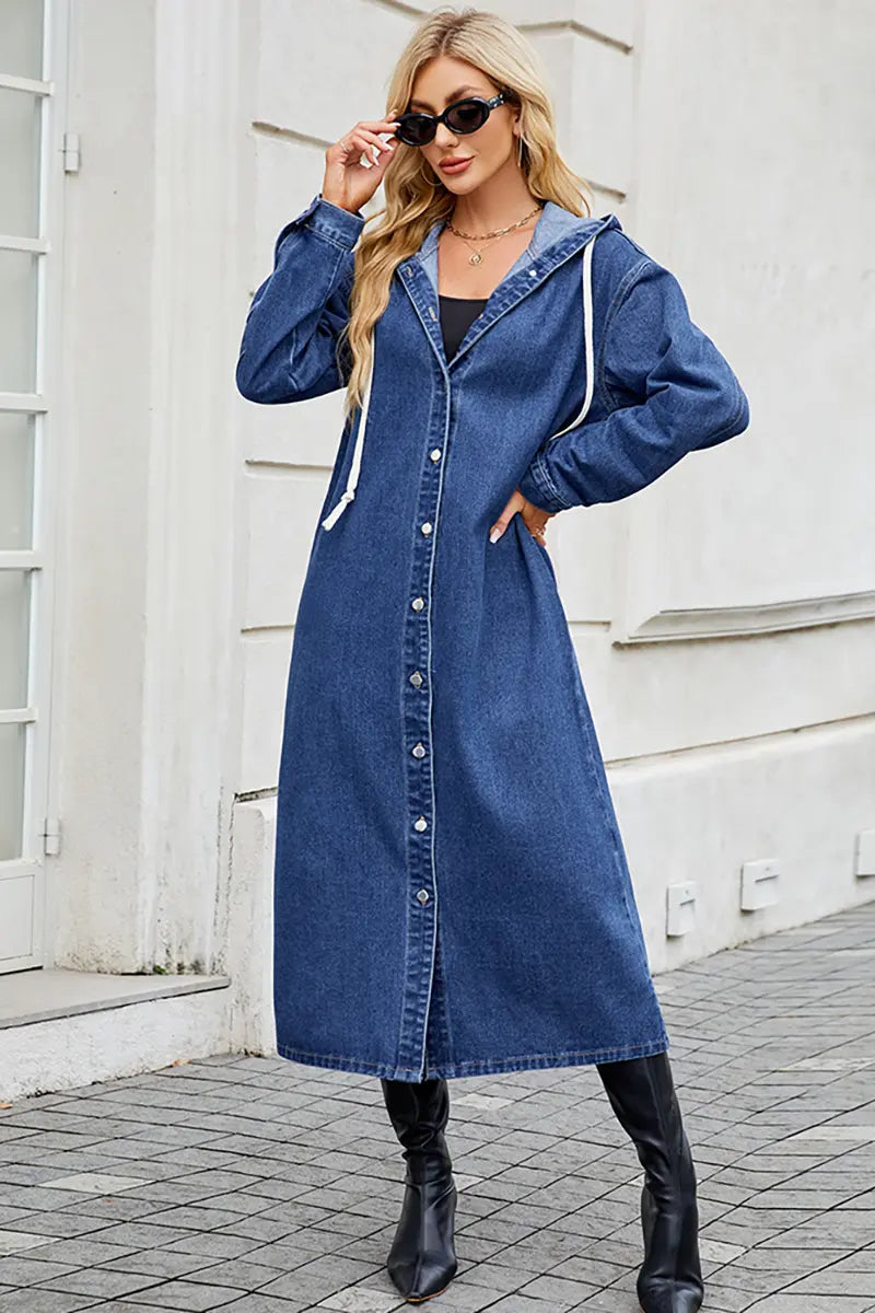 Hooded Long Denim Trench Coat