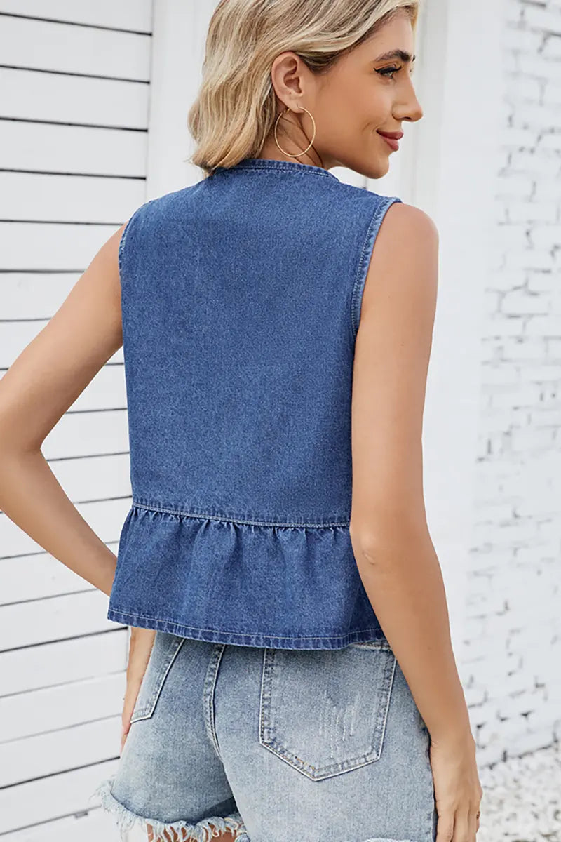 Ruffled Tie-Front Denim Vest Top