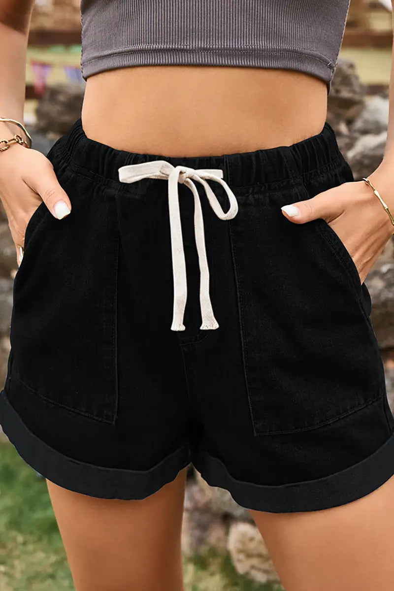 Denim shorts met opgerolde zoom en tailleband met strik