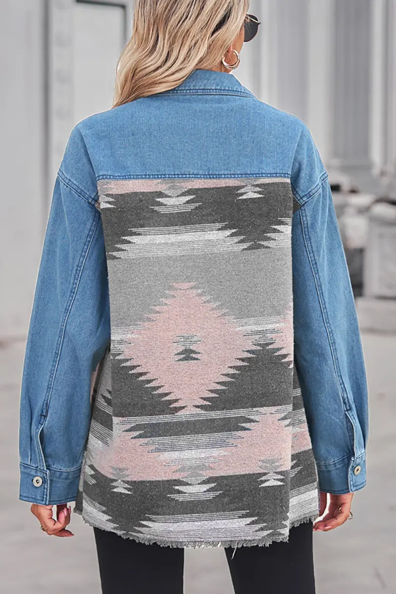 Aztec Geometric Long Denim Patchwork Wool Coat