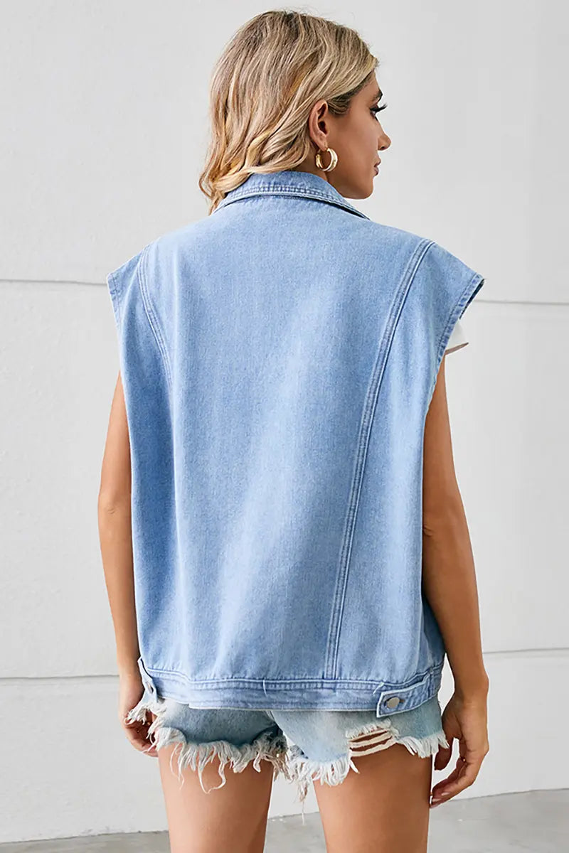 Loose-Fit Blazer Collar Washed Denim Vest