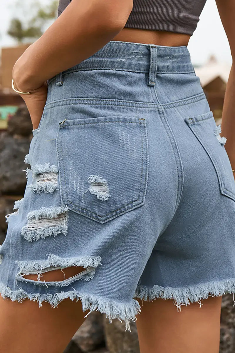 Asymmetrical Distressed Frayed Denim Shorts