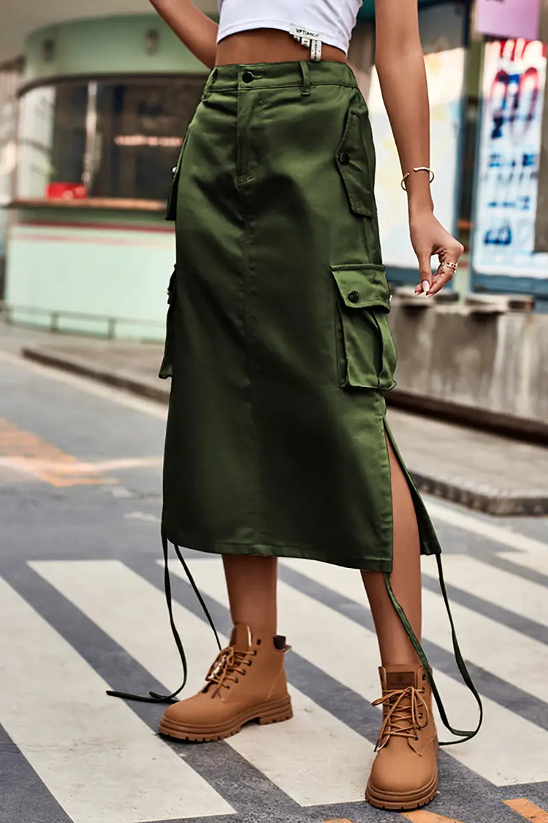 Lace-Up Denim Cargo Skirt