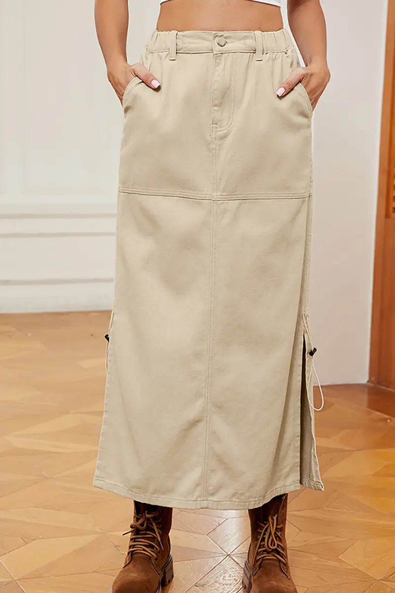 Drawstring Elastic Waist Denim Midi Skirt